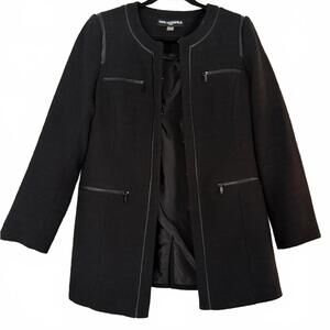 Karl Lagerfeld Paris | Black Textured Coat Faux Leather Trim | Size 10